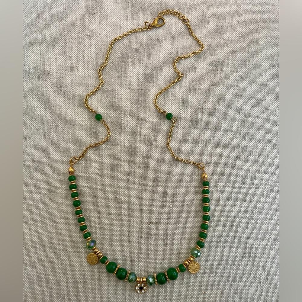 Green Beaded Necklace with Gold-Tone Accents & Rhinestone Flower Charm